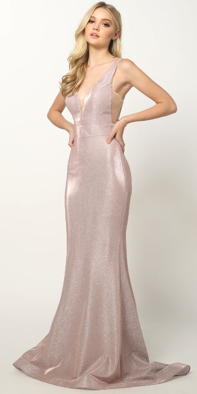 Juliet 695 Glitter Sheath Dress Floor Length Deep-V Neckline