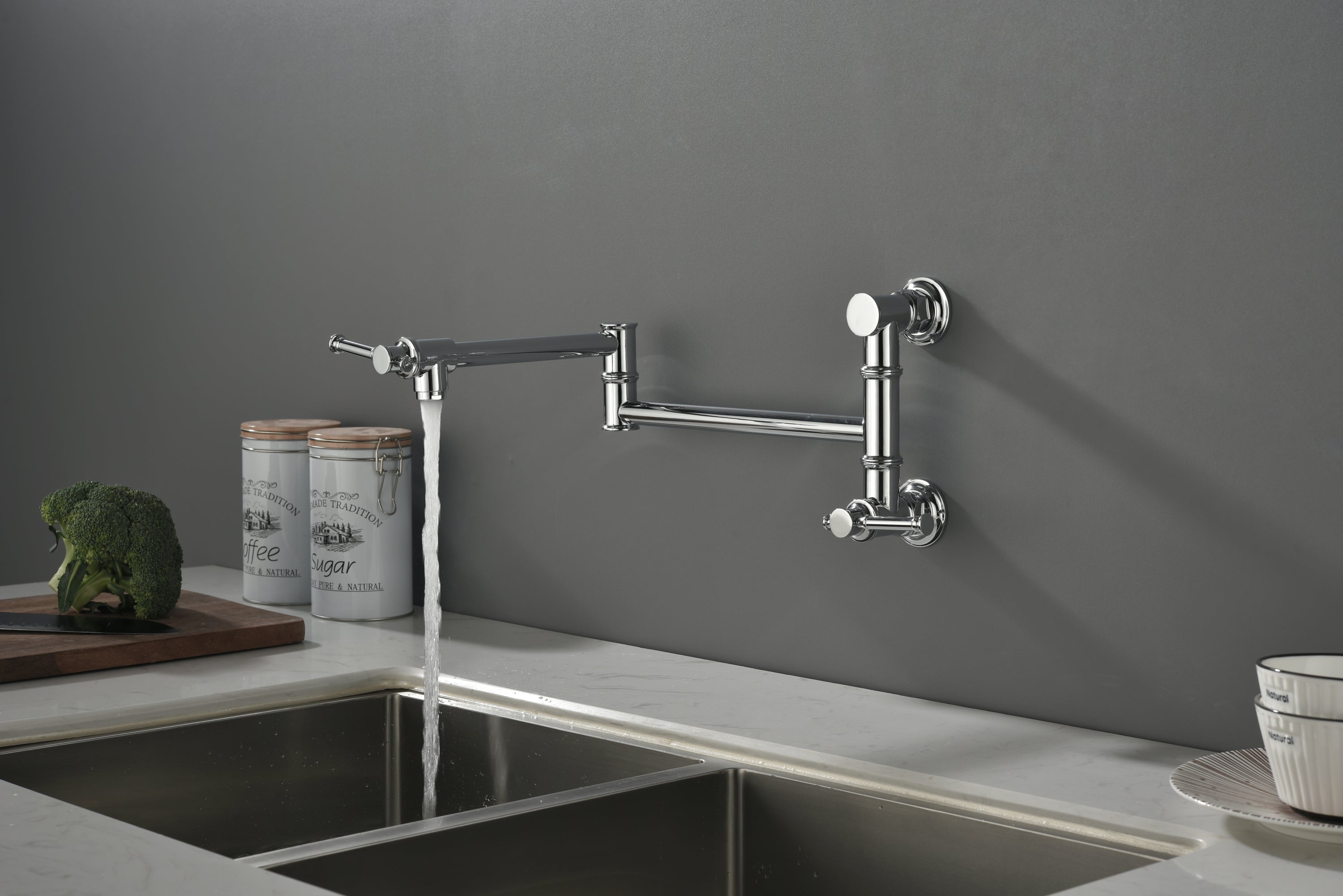 Wall mounted Pot Filler Faucet, Modern Brass Pot Filler Two-Attachment Wall Mount Folding Kitchen Pot Filler Swing Arm