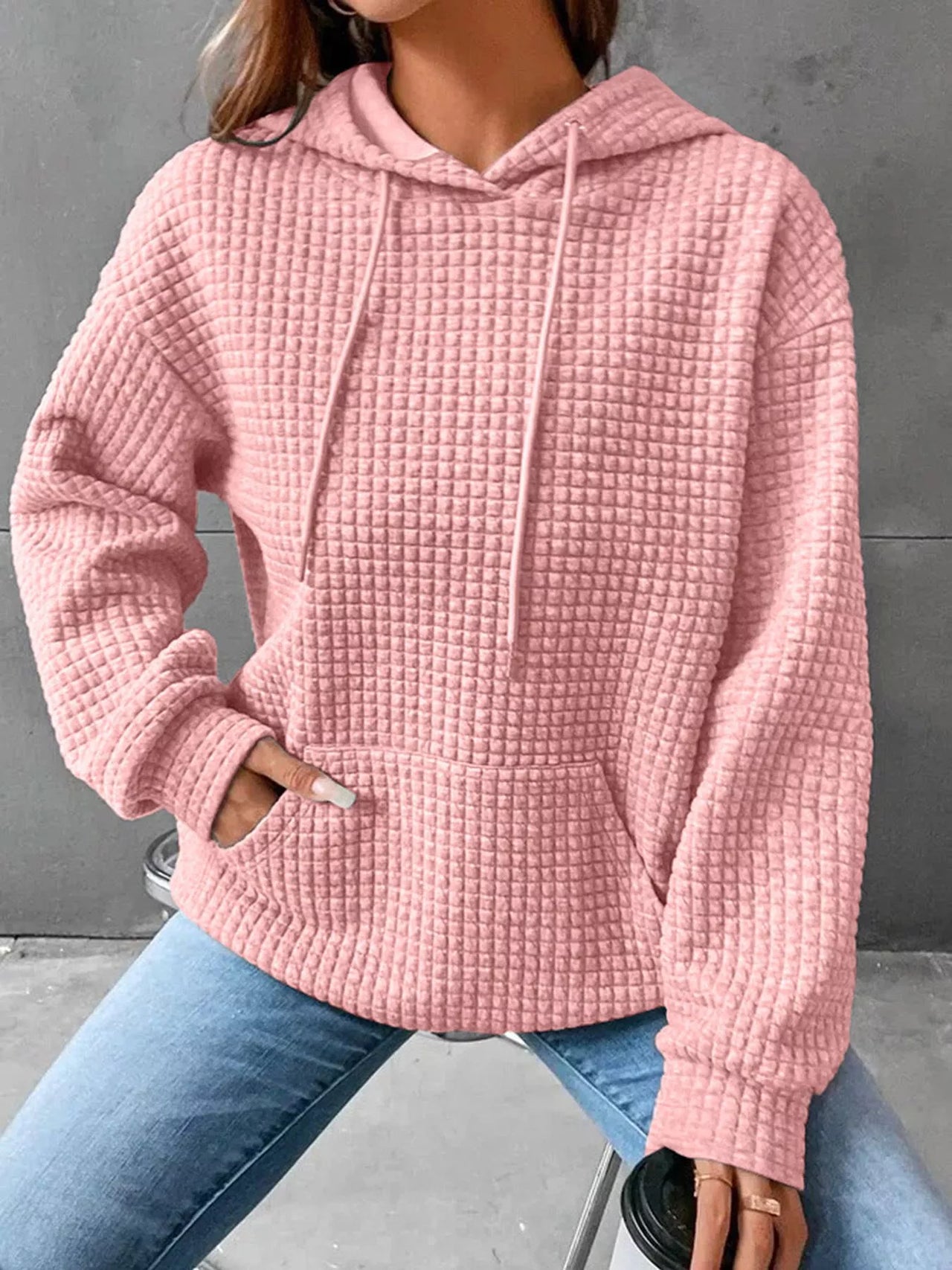 Full Size Textured Kangaroo Pocket Hoodie Plus Size