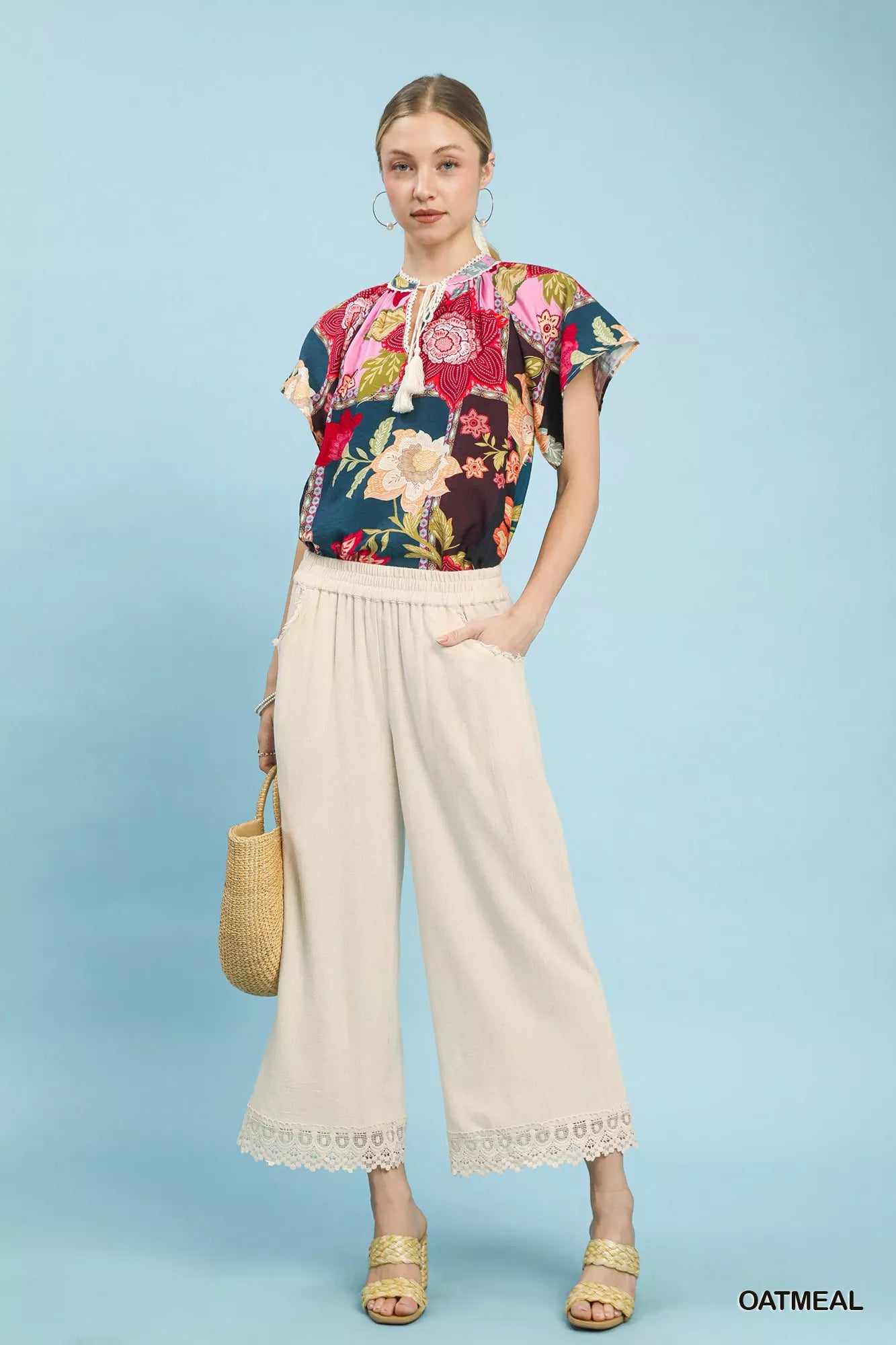 Umgee Linen Wide Leg Cropped Pants with Lace Trim
