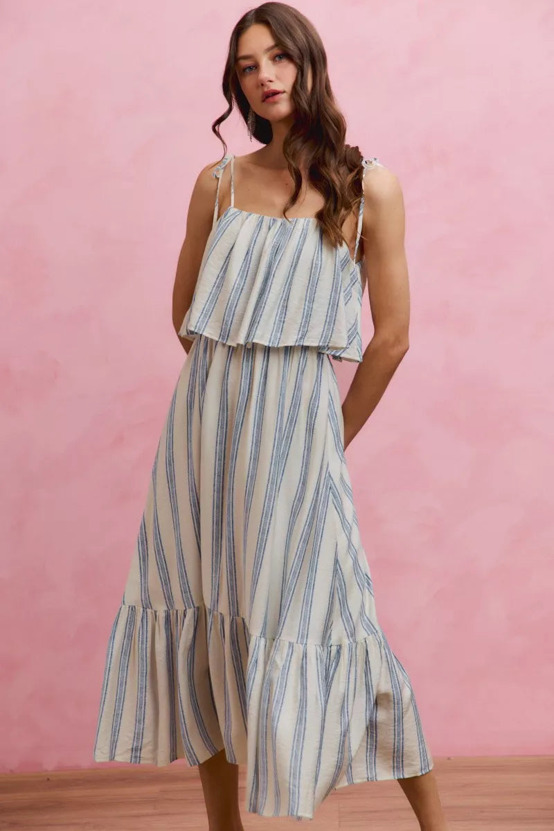 SO ME Stripe Tiered Shoulder Tie Midi Lined Dress