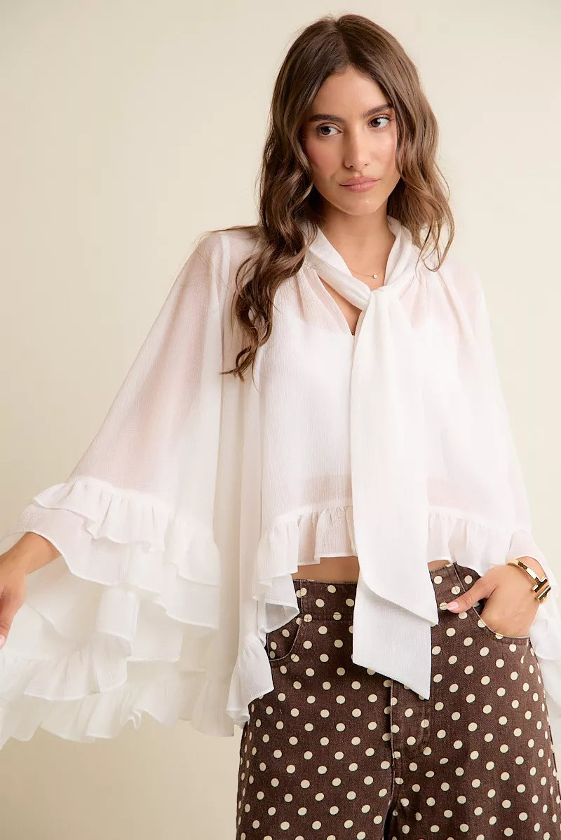 SO ME Sheer Ruffle Bell Sleeves Bow Tie Flowy Blouse Top