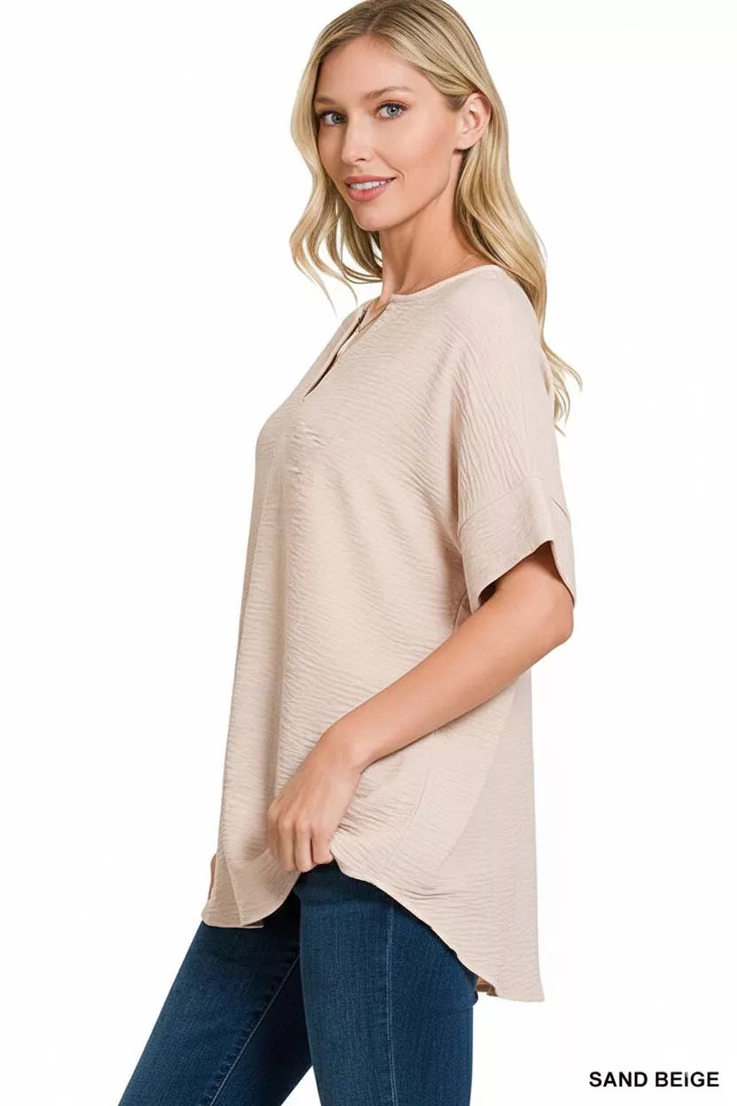 Zenana Woven Airflow Split Neck Short Sleeve Top