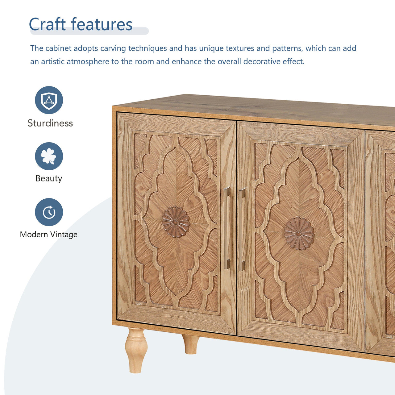 Carved Flower Door Large Storage Cabinet With Metal Handle Suitable For Living Room, Kitchen, Entryway(NATURAL WOOD)