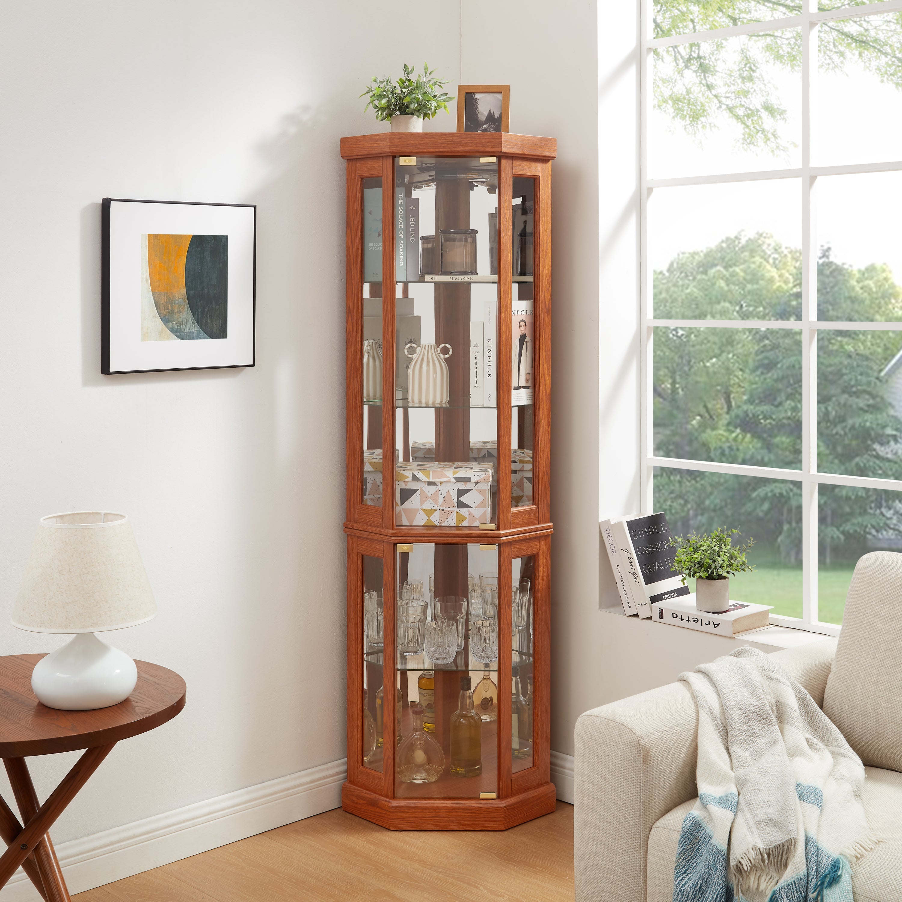 Corner Glass Cabinet Lighted Curio Cabinet Corner Display Case for Living Room, Curio Cabinet, Antique collection, Wine,Bar Glass Storage Light Included, Dark oak