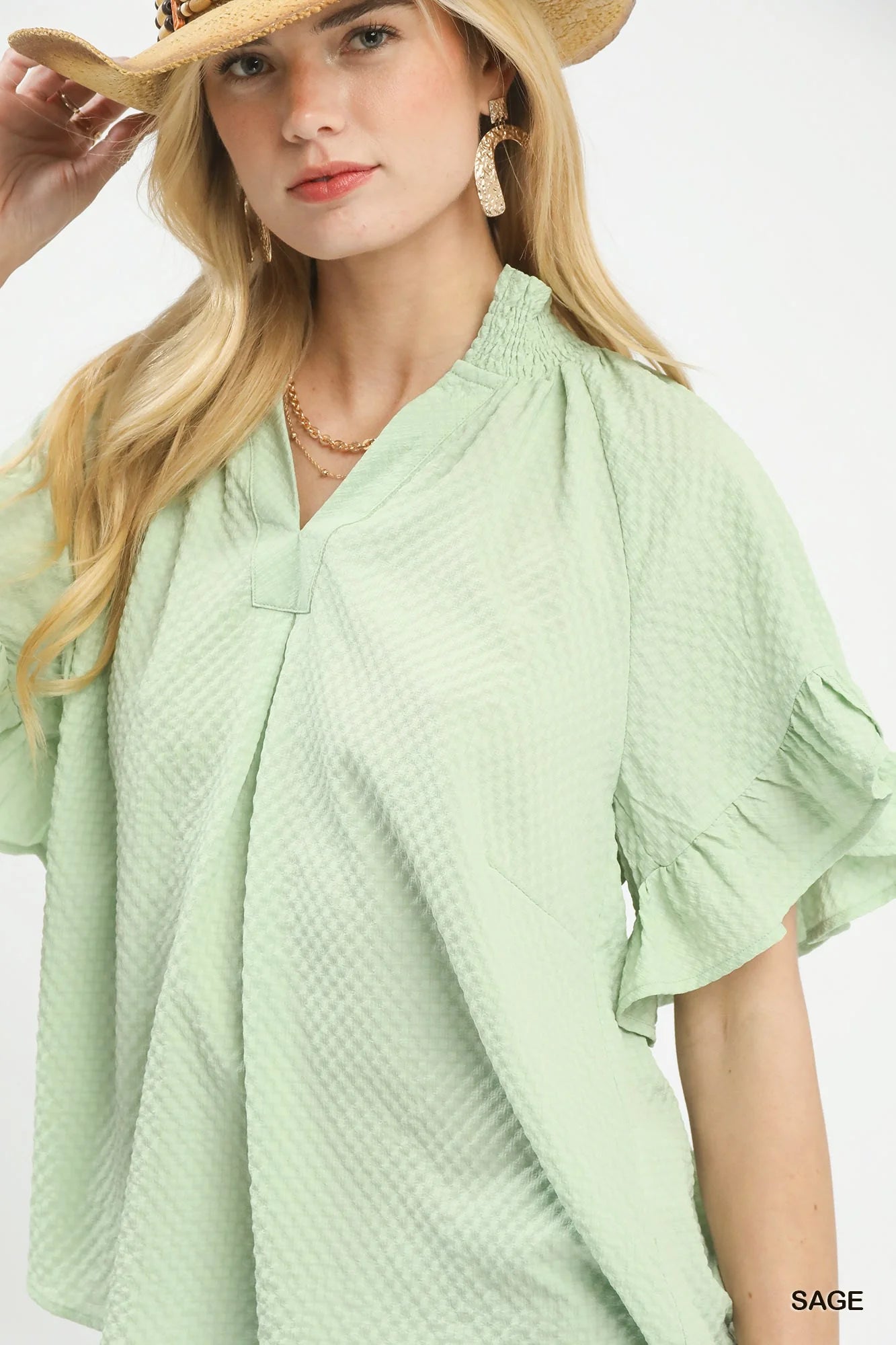 Umgee Textured Ruffle Sleeve Blouse
