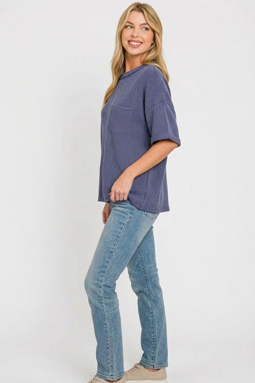 Zenana Raised Rib Short Sleeve Front Pocket Top