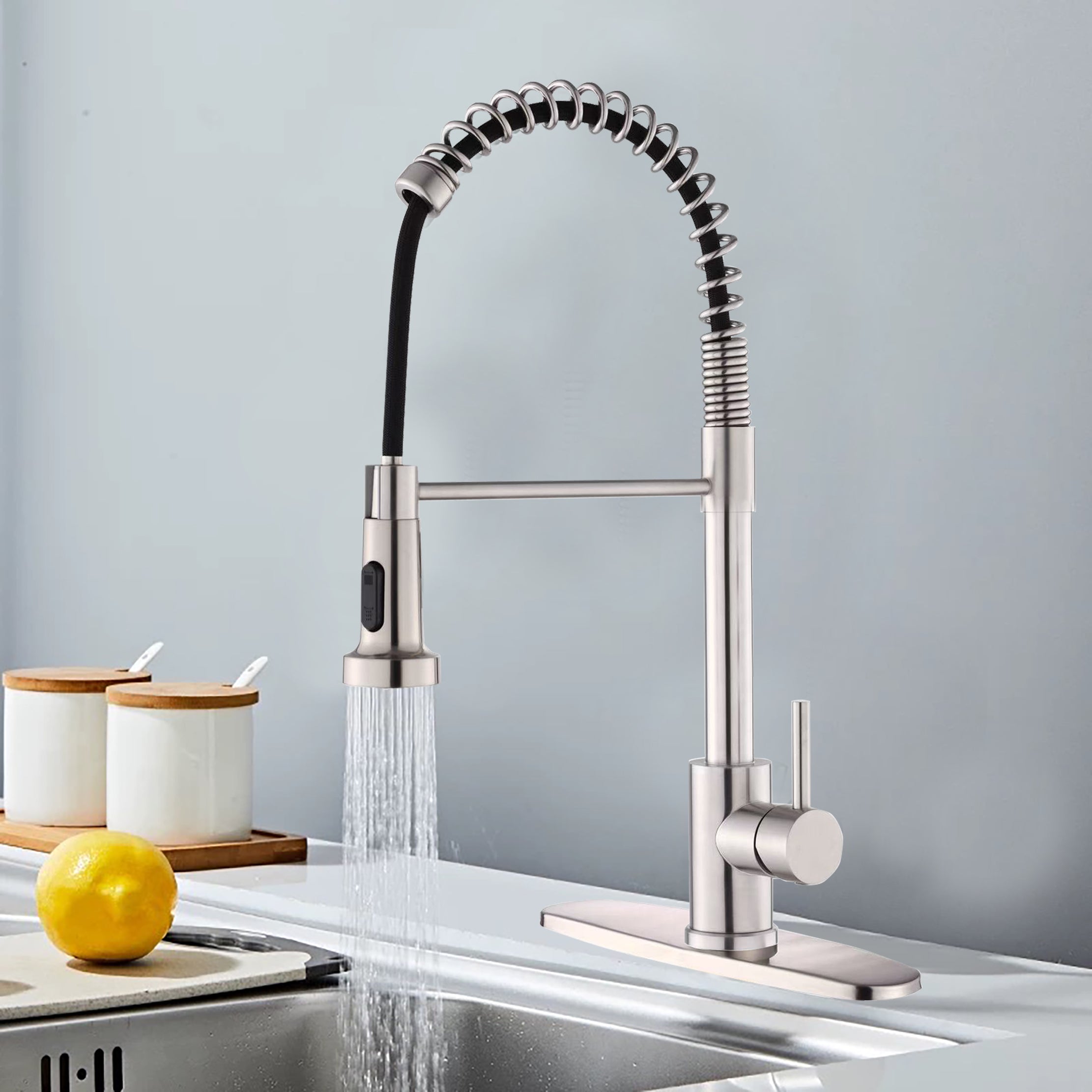 Kitchen Faucet with Pull Down Sprayer Industrial 1 Handle 1 Hole Or 3 Hole Faucet for Farmhouse Camper Laundry Utility Rv Wet Bar Sinks, Stainless Steel, Brushed Nickel
