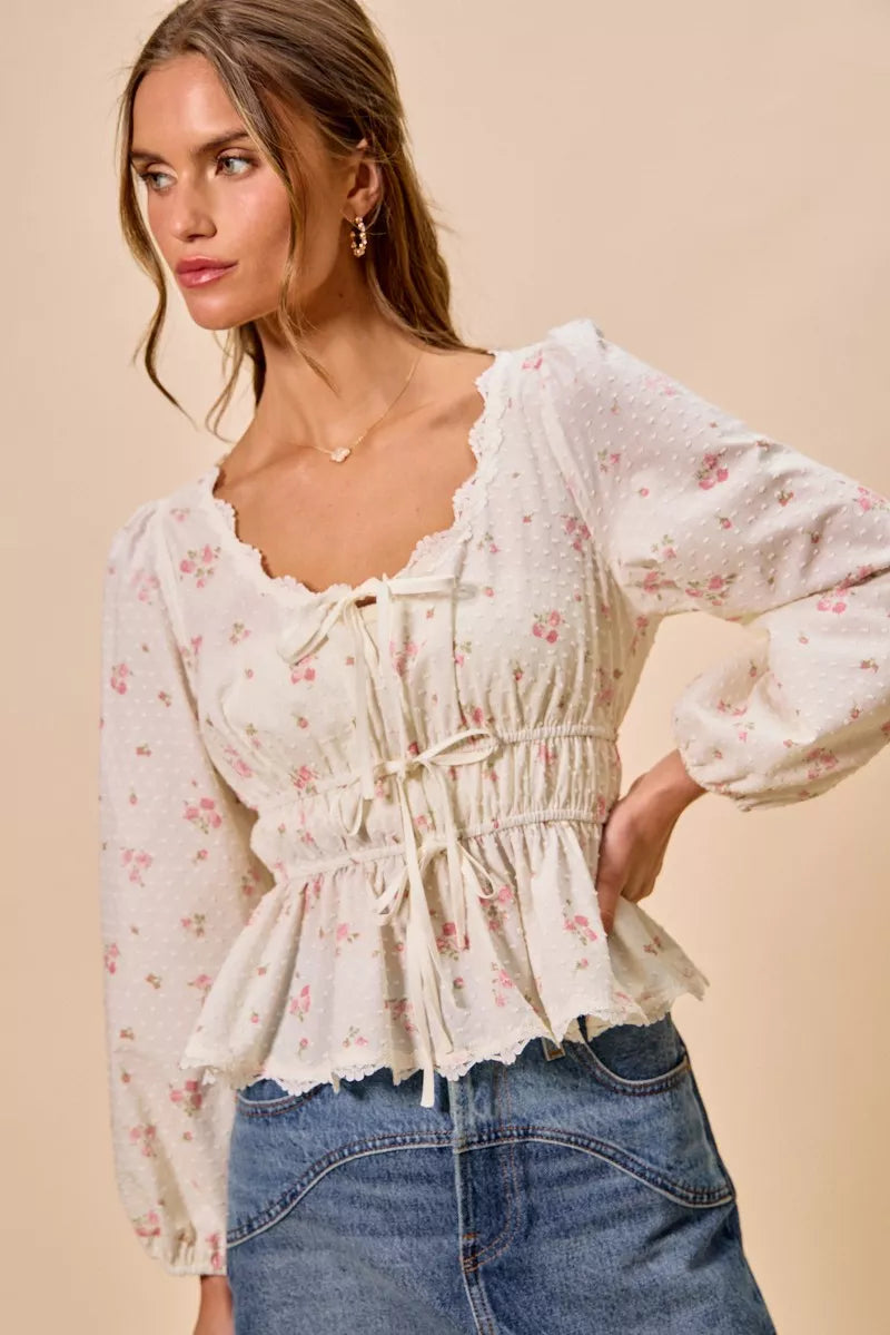 SO ME Floral Clip Dot Lace Trim Ruched Bodice Blouse