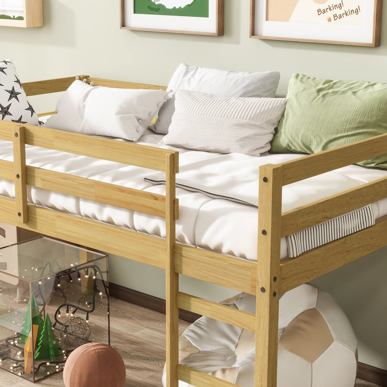 Solid Wooden, Rubber Wooden Twin Loft Bed with Ladder, Bed Platform of Strengthened Slats, Natural
