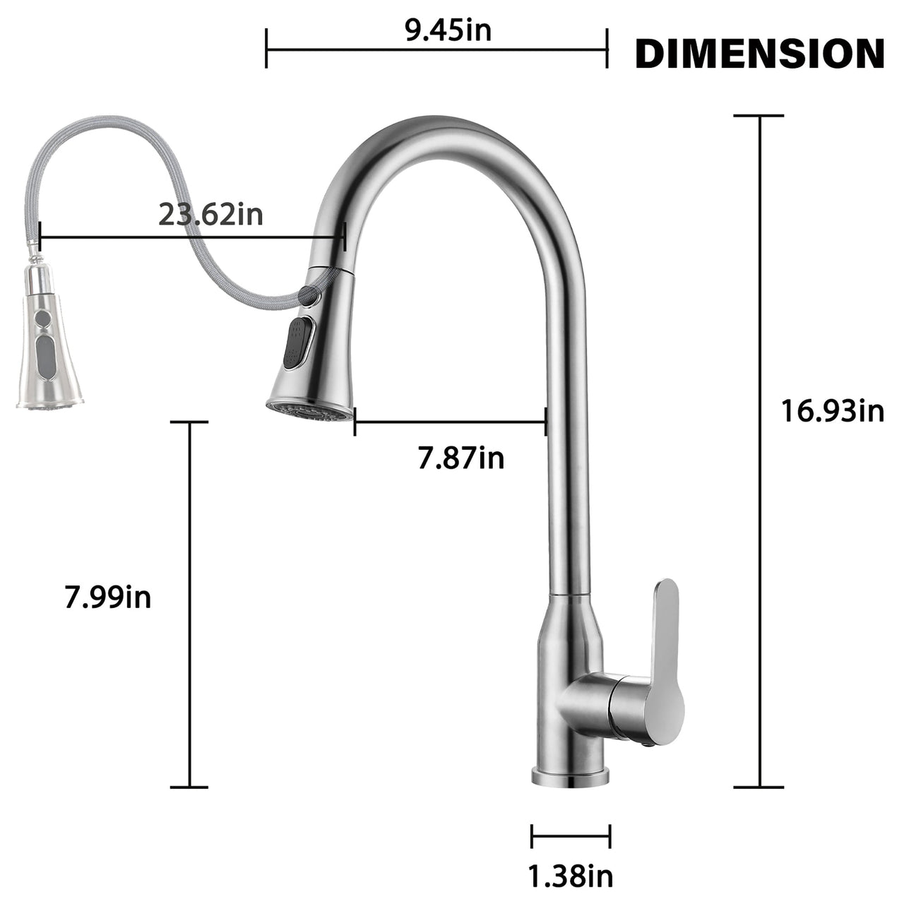 Stainless Steel High Arc Kitchen Faucet with Pull Down Sprayer in Brushed Nickel Finish