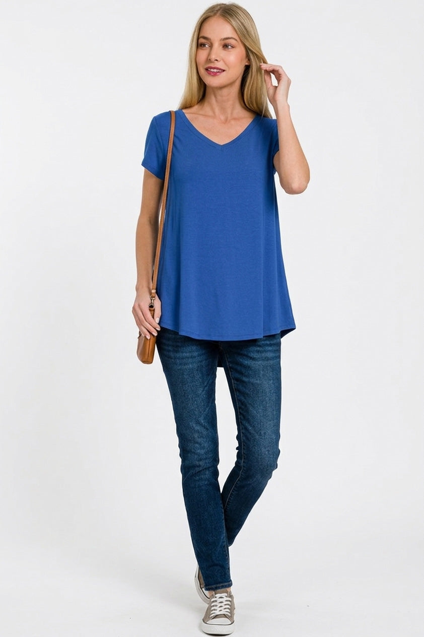 Zenana Rayon Short Sleeve V-neck Round Hem Top