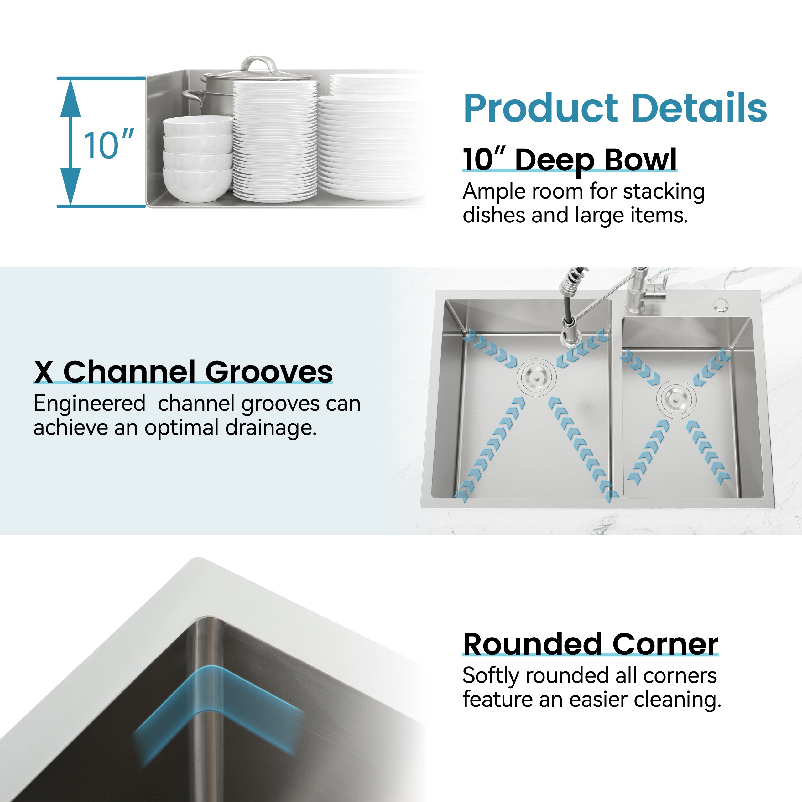 33'x19' Embedded Double Bowl Kitchen Sink, Overmount Handmade Sink in Brushed (Sink only)