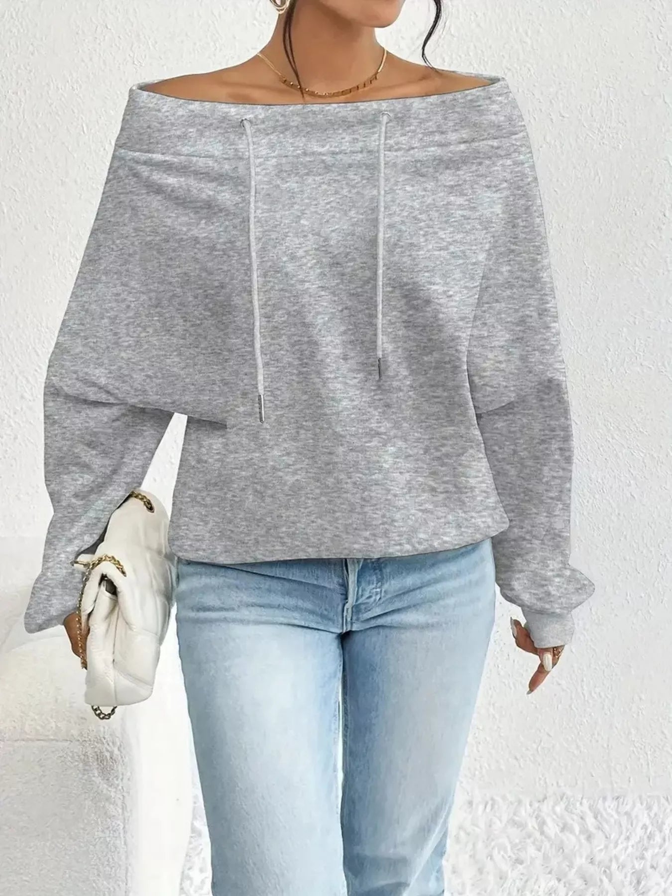 Off-Shoulder Drawstring Sweatshirt