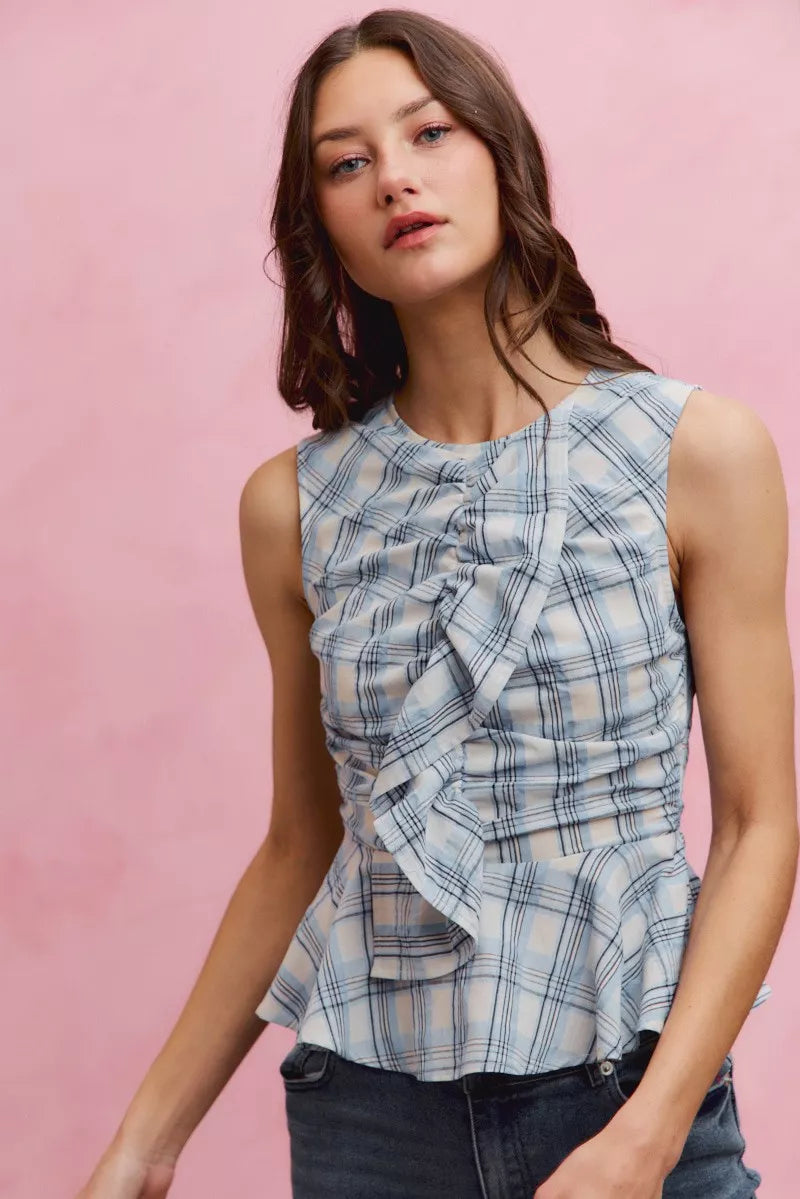 SO ME Plaid Sleeveless Ruffle Peplum Top