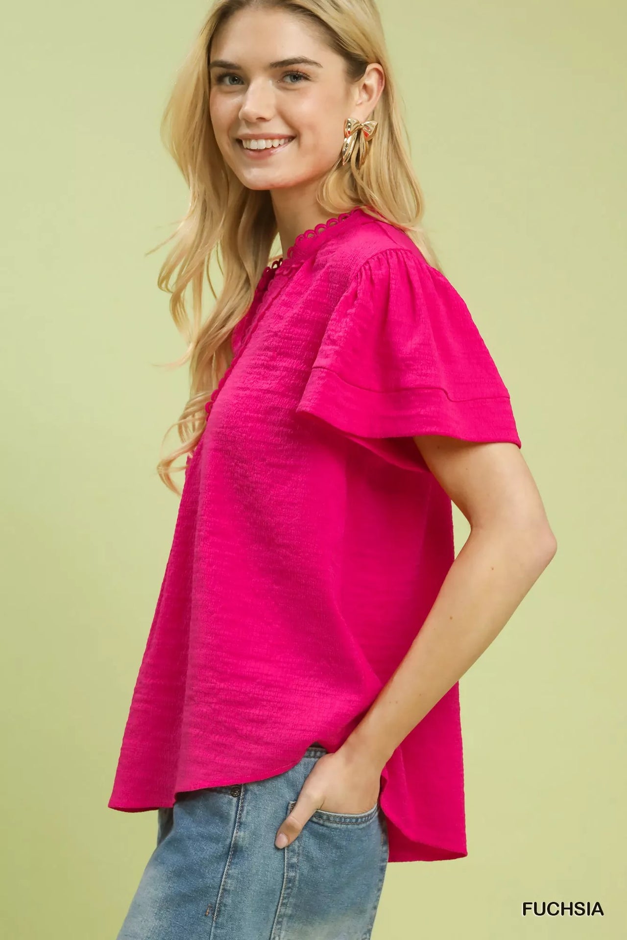 Umgee Seersucker Short Sleeve Top with Lace Trim
