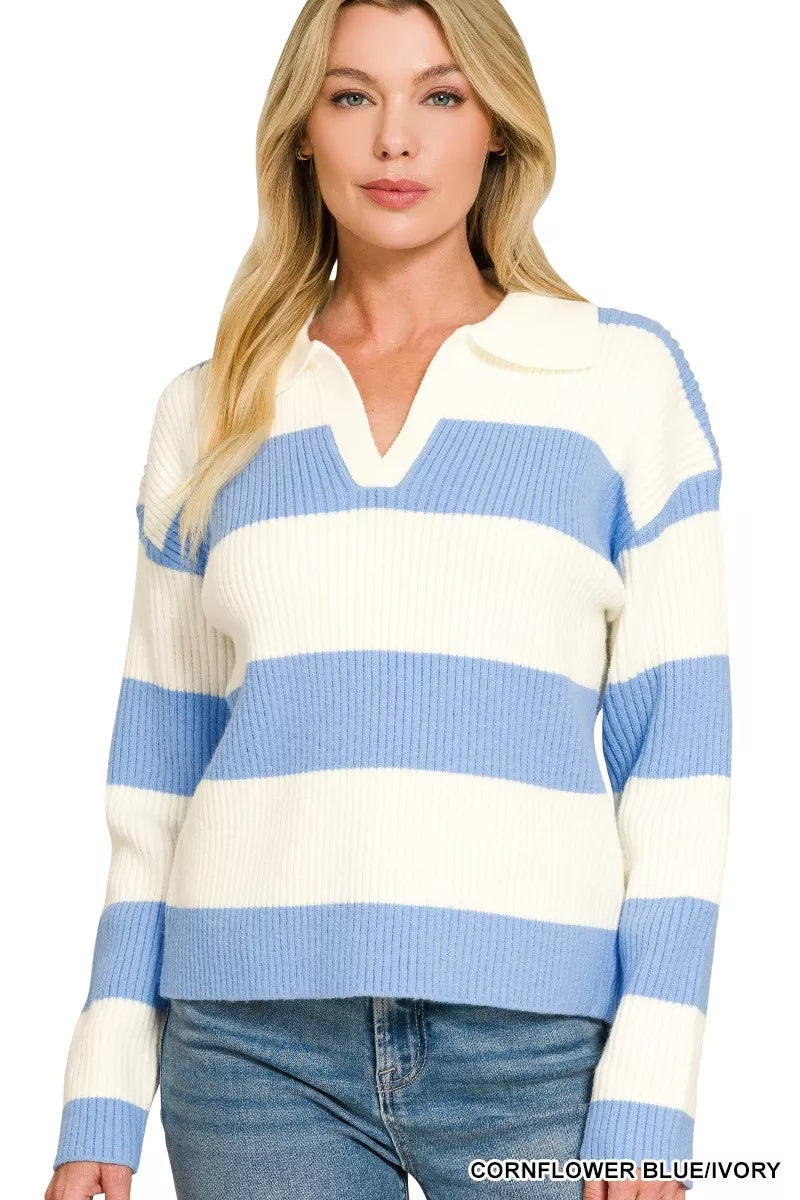 Zenana Striped Collared Sweater