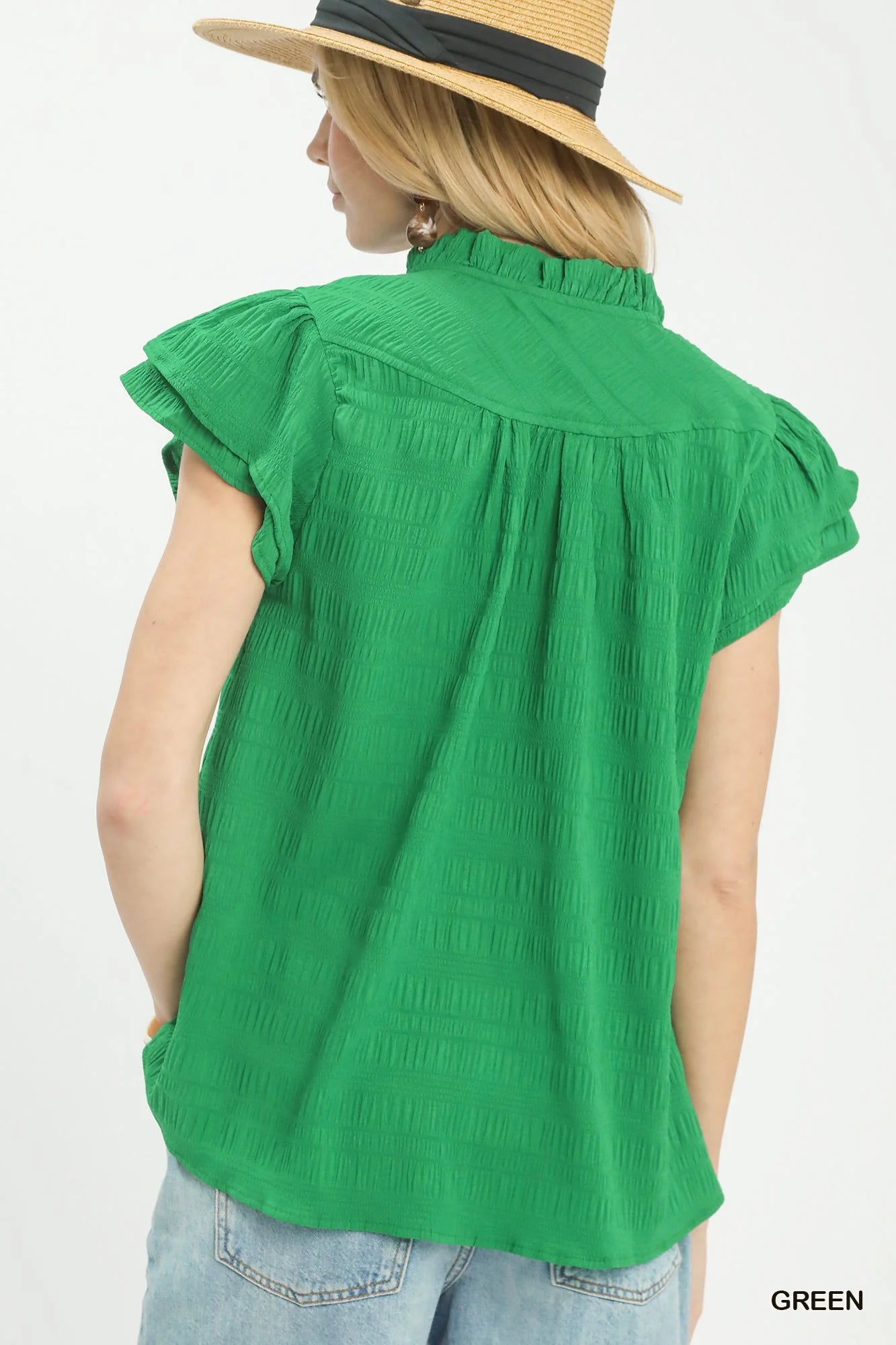 Umgee Textured Flutter Sleeve Split Neck Top