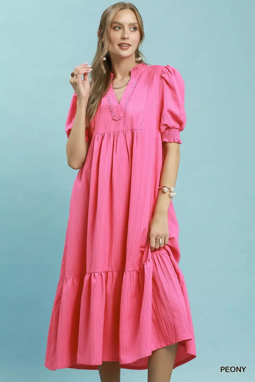Umgee Textured Puff Sleeve Midi Dress
