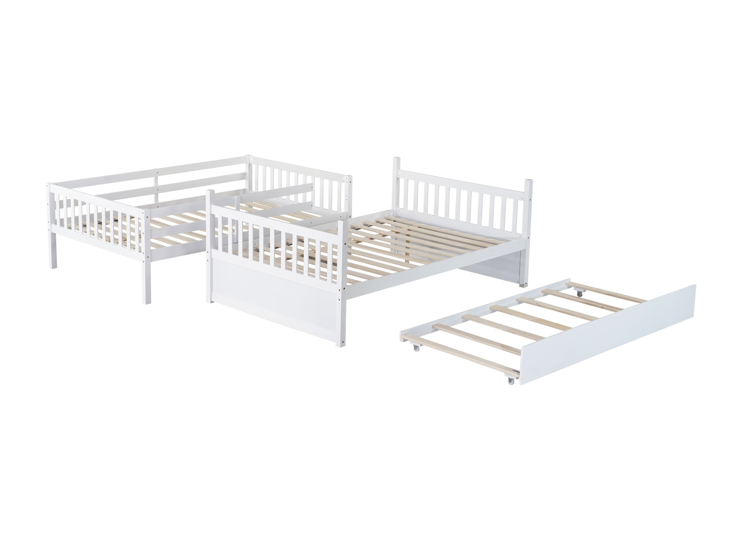 Full Over Full Rubber Wood Bunk Bed with Trundle, Ladder and Guardrails, Convertible to 2 Full Size Beds, with Twin Size Trundle,White