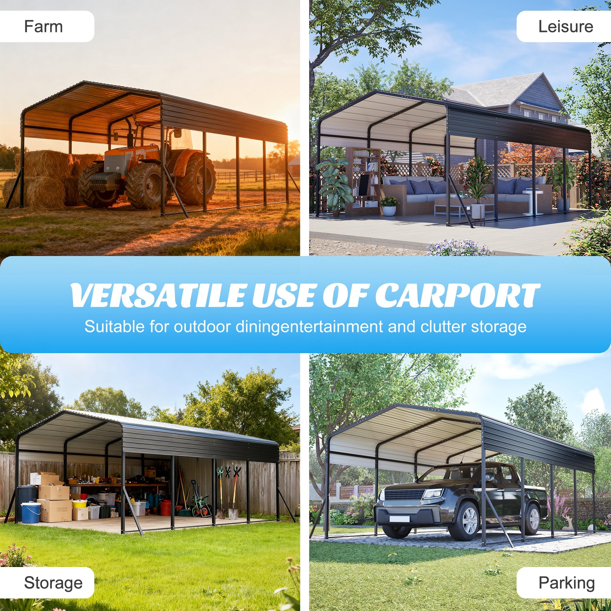 13x20 FT Metal Carport,Garage with Upgraded Triangle Reinforced Frame&4 Poles,Galvanized Steel Hardtop Roof,Heavy-Duty All-Weather Shelter for Car,Truck,Boat,Outdoor Storage