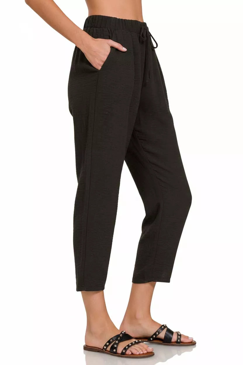 Zenana Woven Crepe Elastic Band Waist Pants