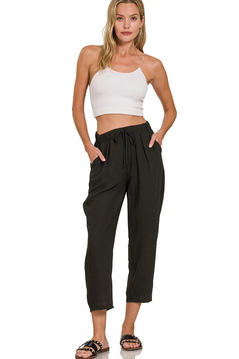 Zenana Woven Crepe Elastic Band Waist Pants