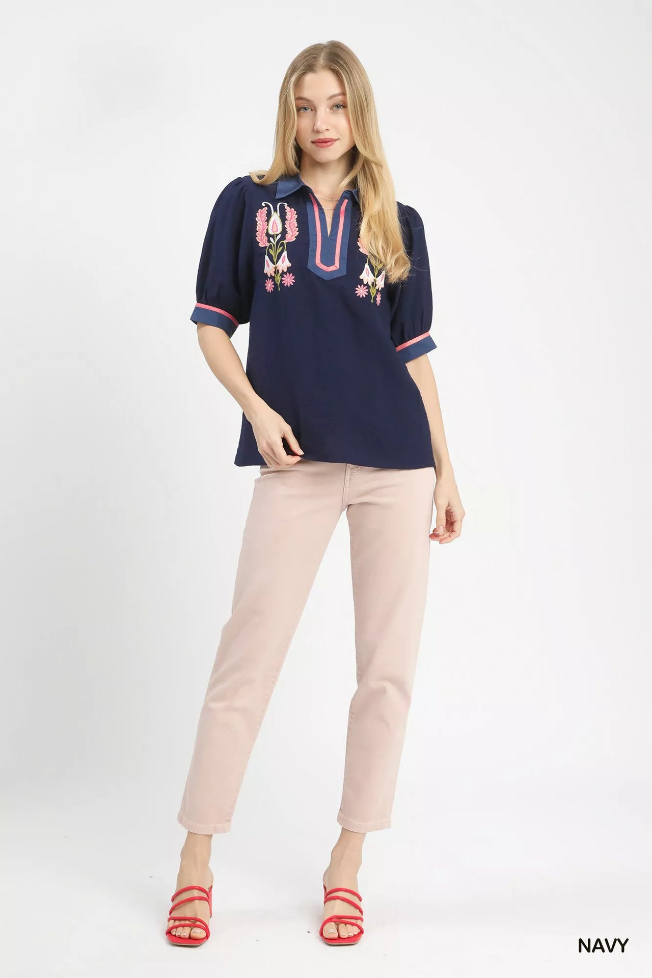 Umgee Embroidered Puff Sleeve Contrast Trim Top