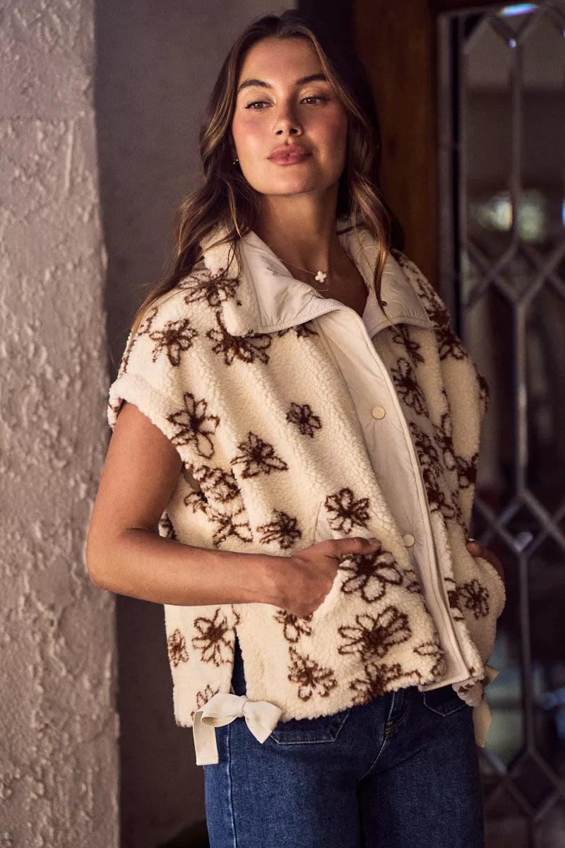 SO ME Flower Sherpa Fur Oversized Sleeveless Vest Jacket