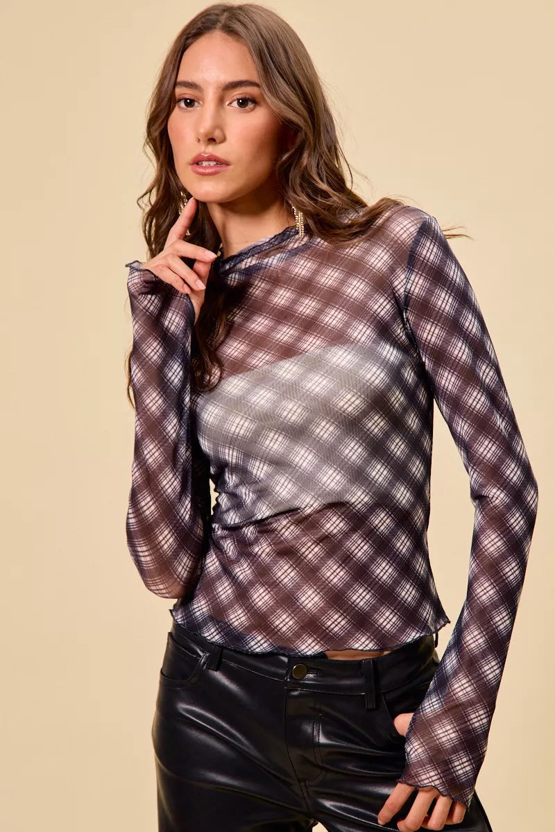 SO ME Plaid Mesh Knit Long Sleeve Top with Thumb Opening