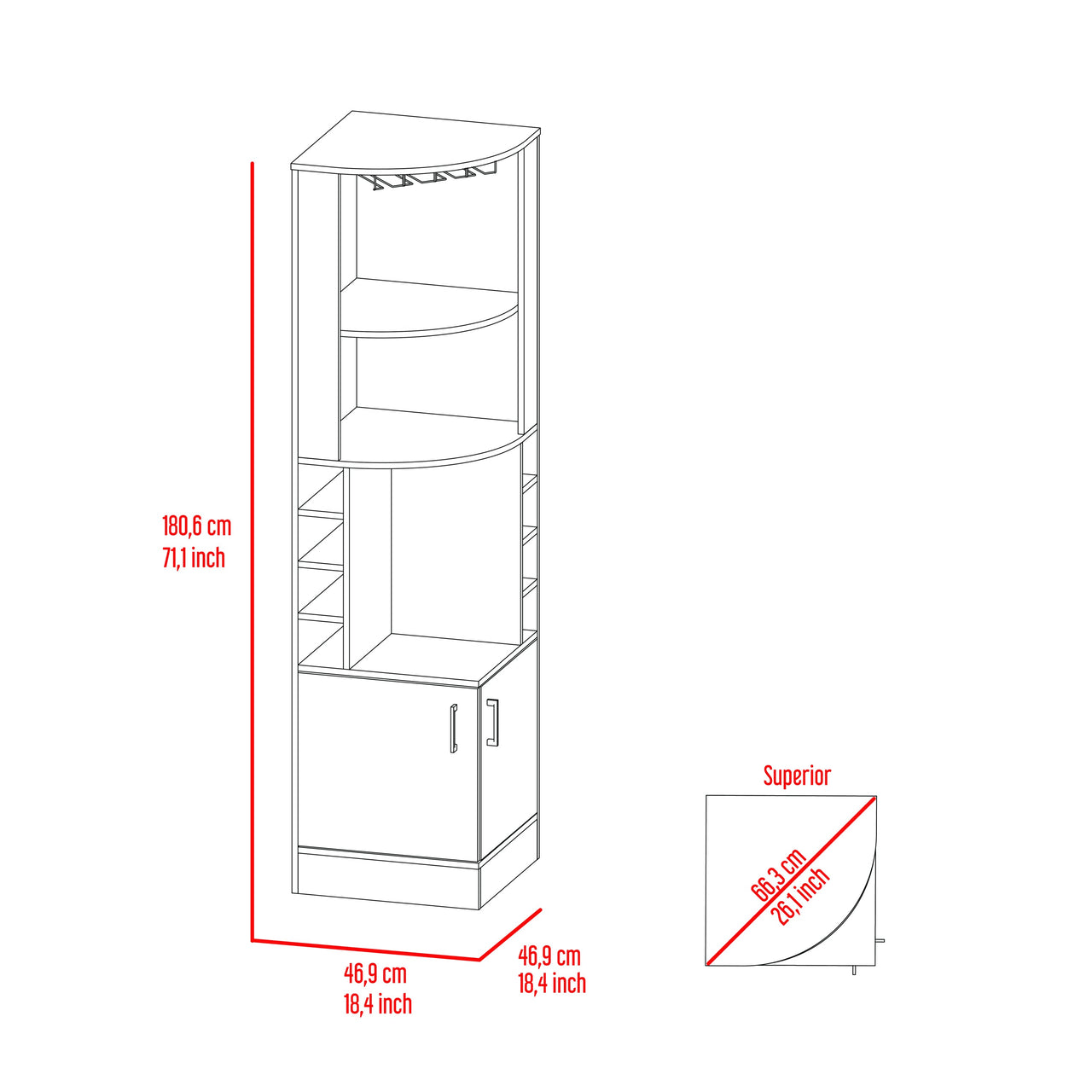 Seattle Bar Cabinet, Eight Bottle Cubbies, Two Large Open Shelves