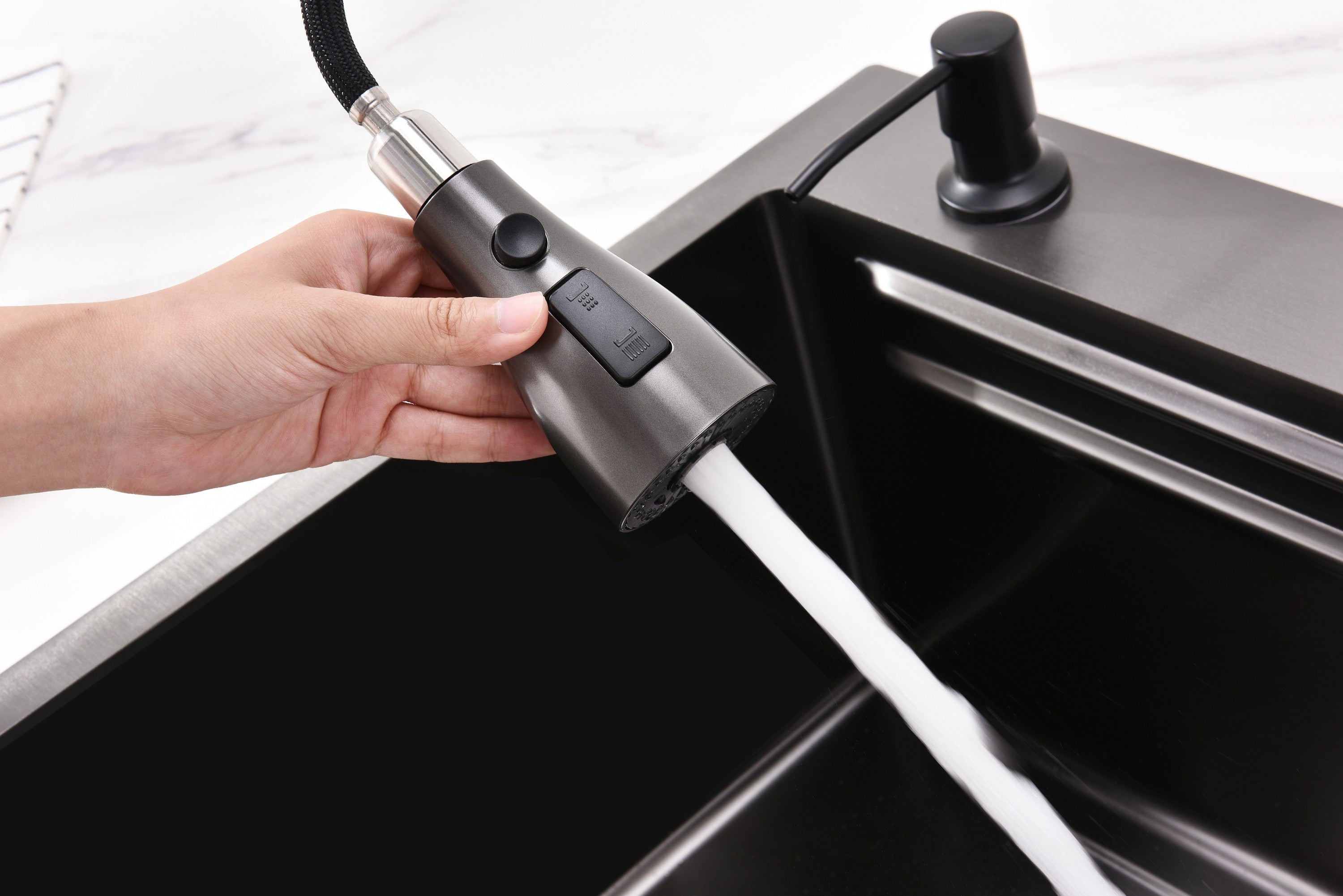 Waterfall Kitchen Sink, Stainless Steel Single Bowl in Black, Multifunctional Workstation with Flying-rain Faucet and Cutting Board, 30×18″ Stainless Steel Single Bowl Sink, LS-SSBL05