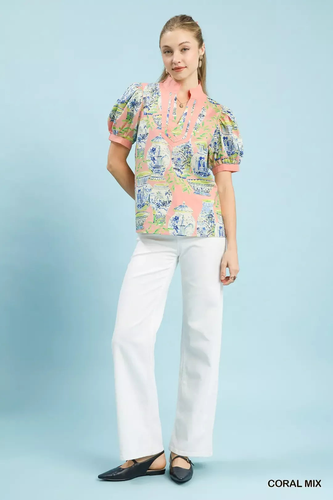 Umgee Abstract Print V-Neck Top