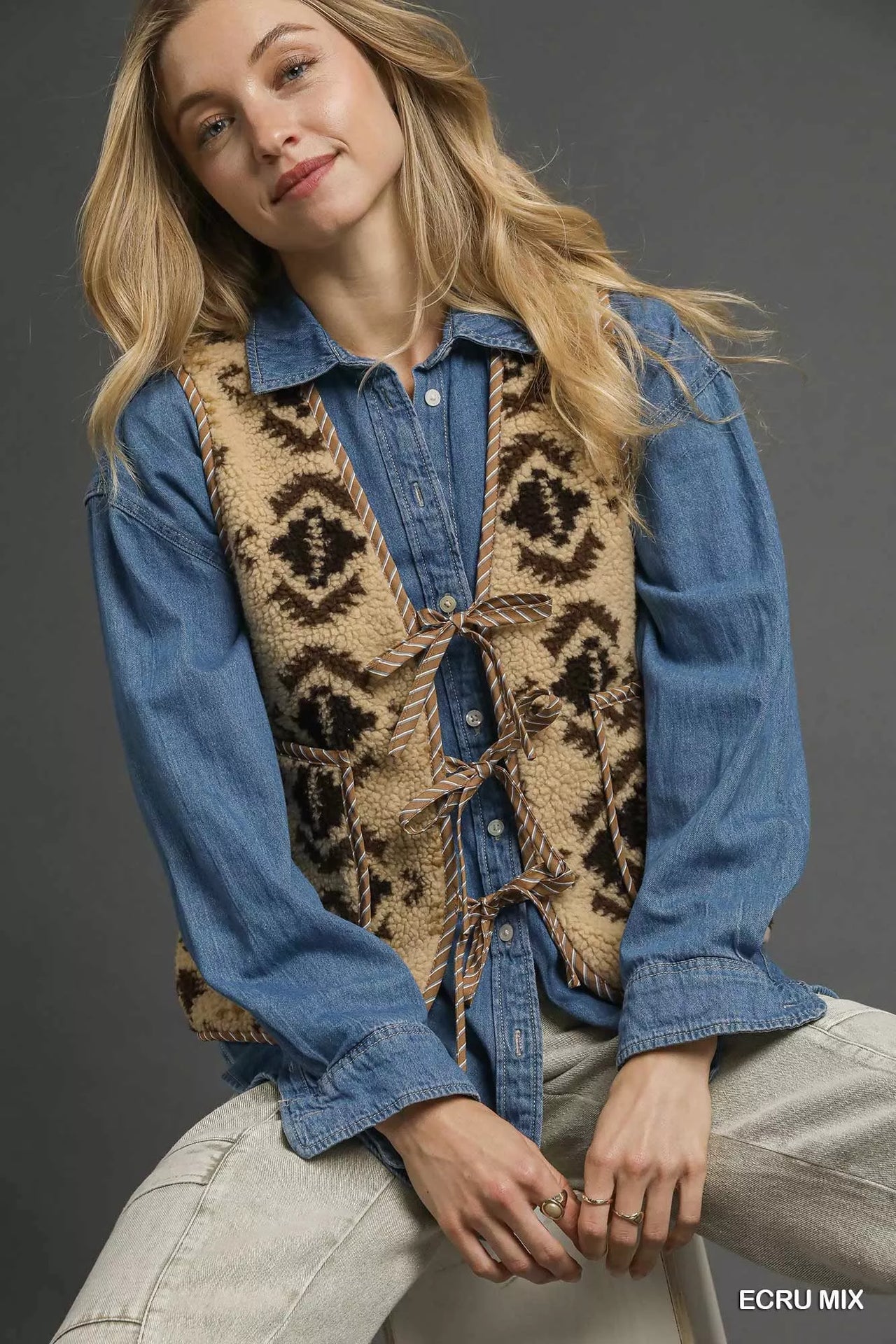 Umgee Mix Patterned Sherpa Tie-Front Vest