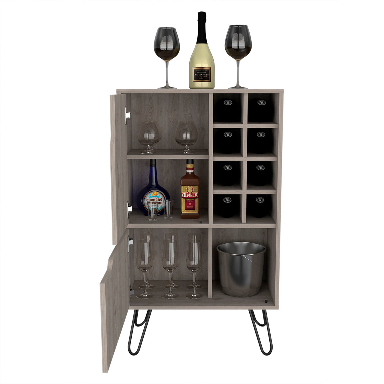 Sheffield L Bar C, Two Cabinet, Hairpin Legs, Eight Cubbies For liquor