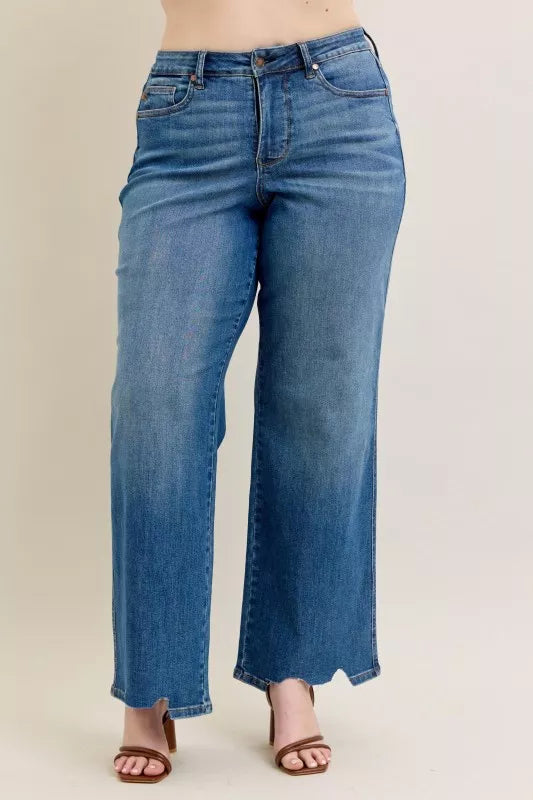 Judy Blue Full Size High Waist Tummy Control Chew Hem Destroyed Wide Jeans Plus Size