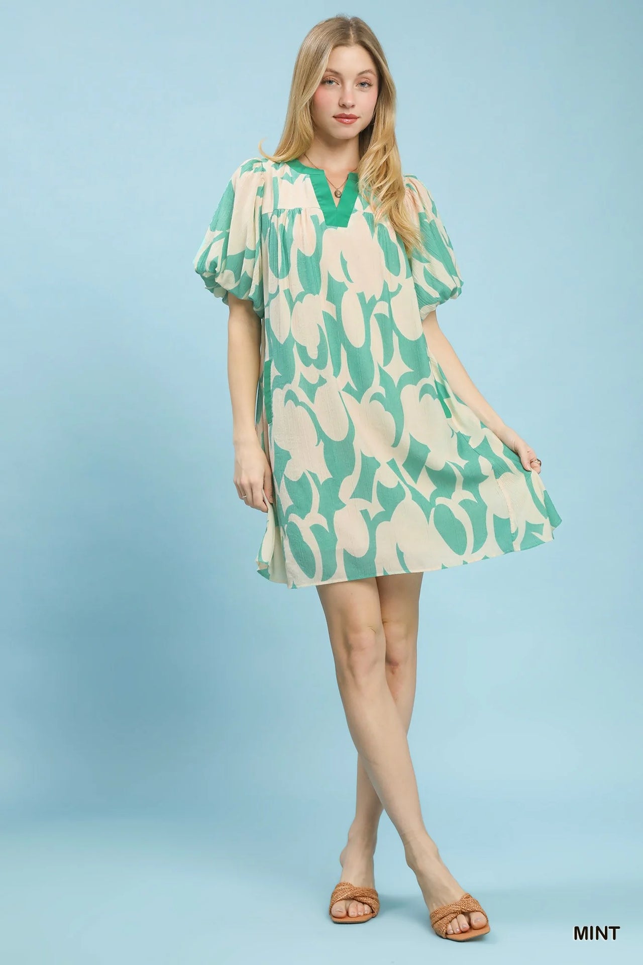 Umgee Abstract Print Puff Sleeve Shift Dress