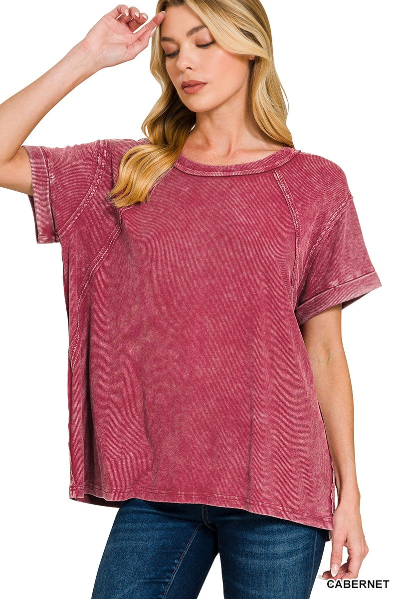 Zenana Washed Ribbed Cuffed Short Sleeve Round Neck Top