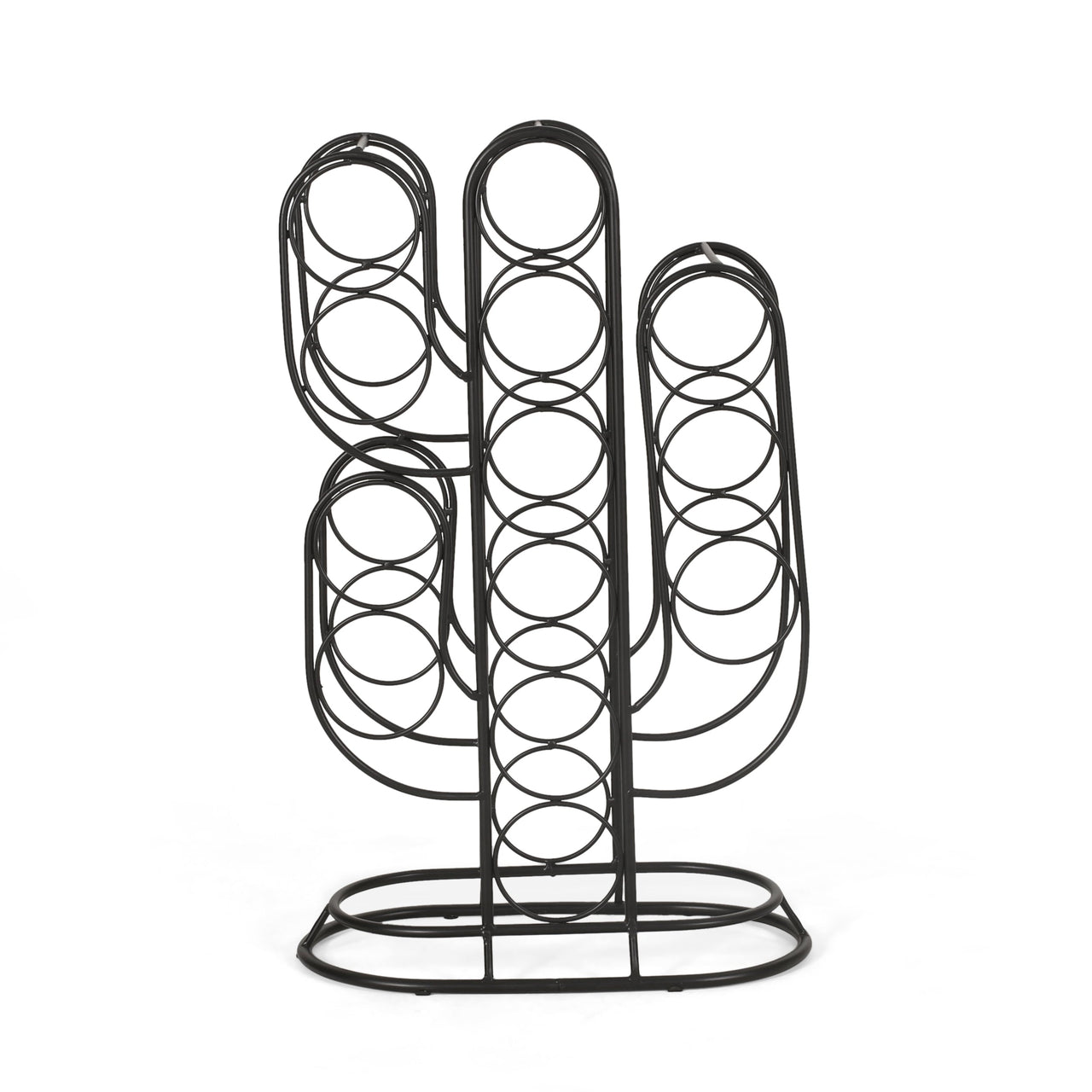 Modern Industrial Tabletop Wine Rack with Cactus Design in Black Metal for 13 Bottles