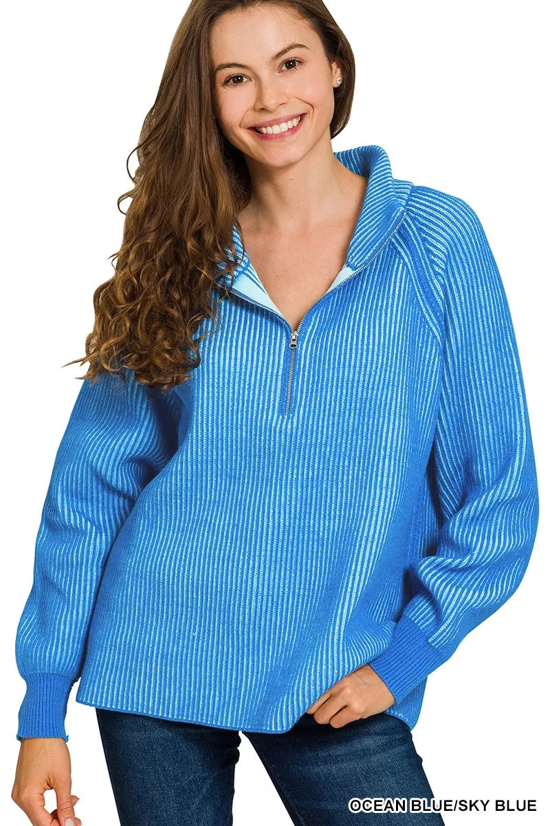 Zenana Ribbed Two Tone Half Zip Sweater