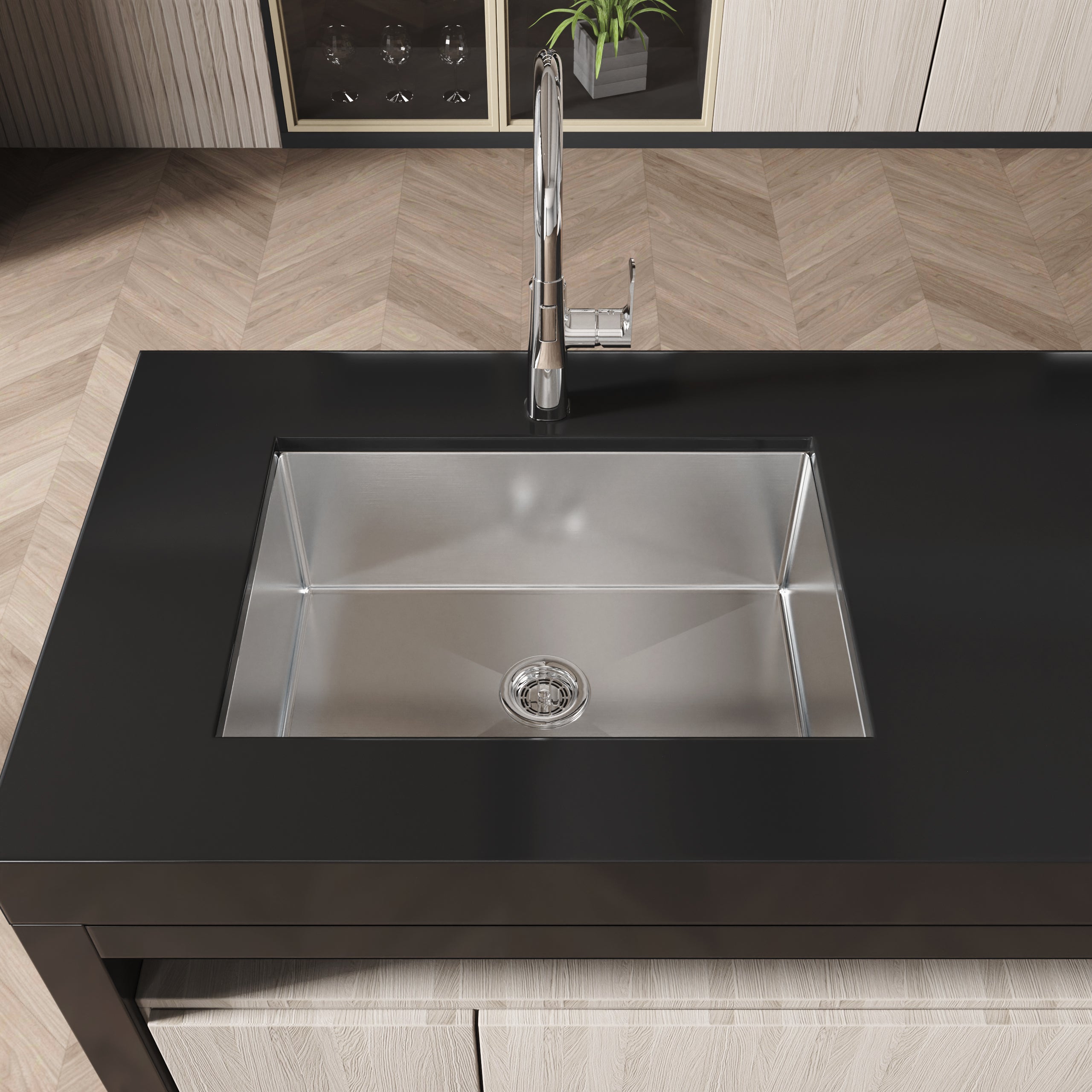 Stainless Steel Kitchen Sink, 27″x19″ Single Bowl, Undermount Handmade Sink in Brushed Nickel, with US Standard Drain and Hook, LS-SSBR06
