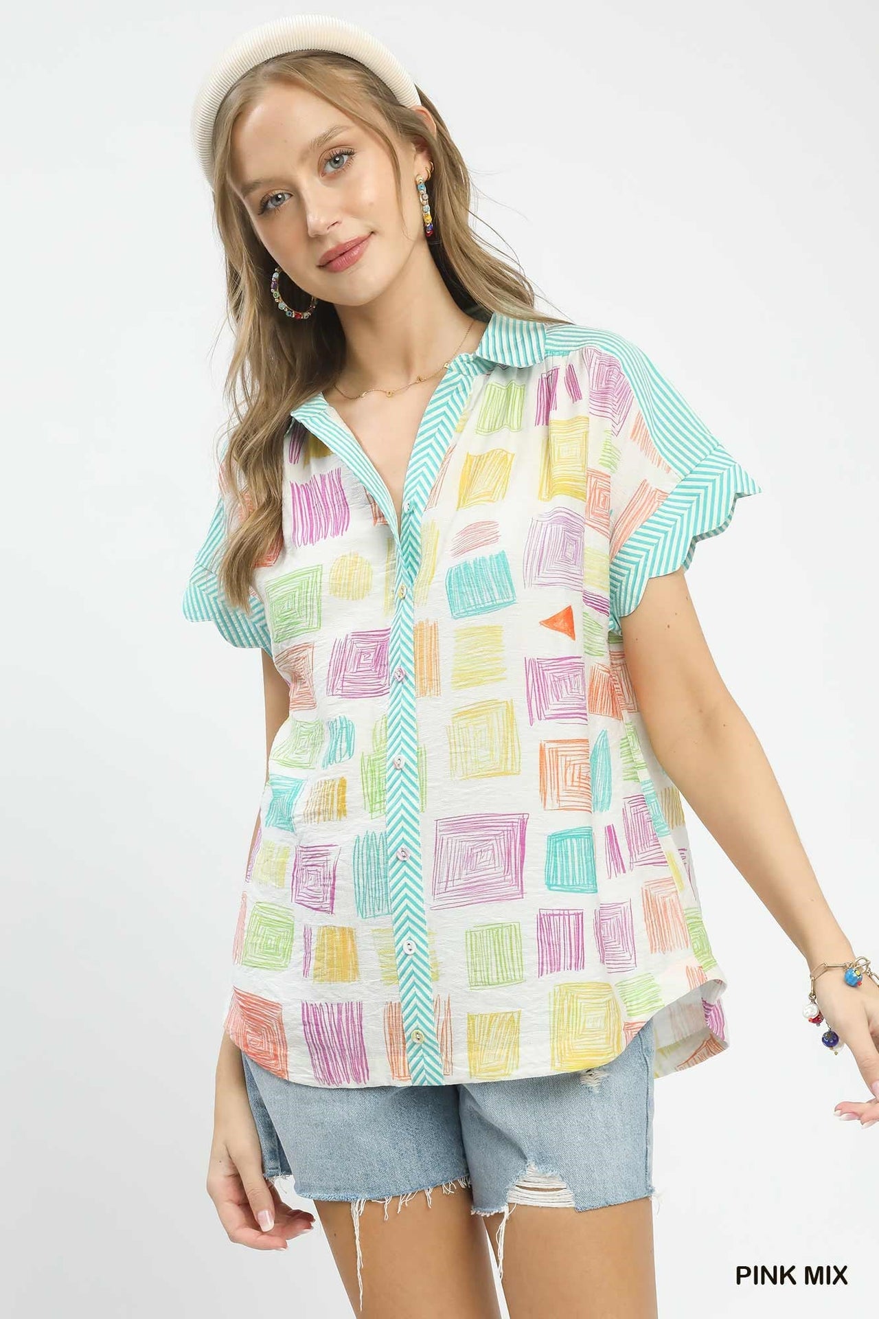 Umgee Mixed Media Print Button Front Collared Top