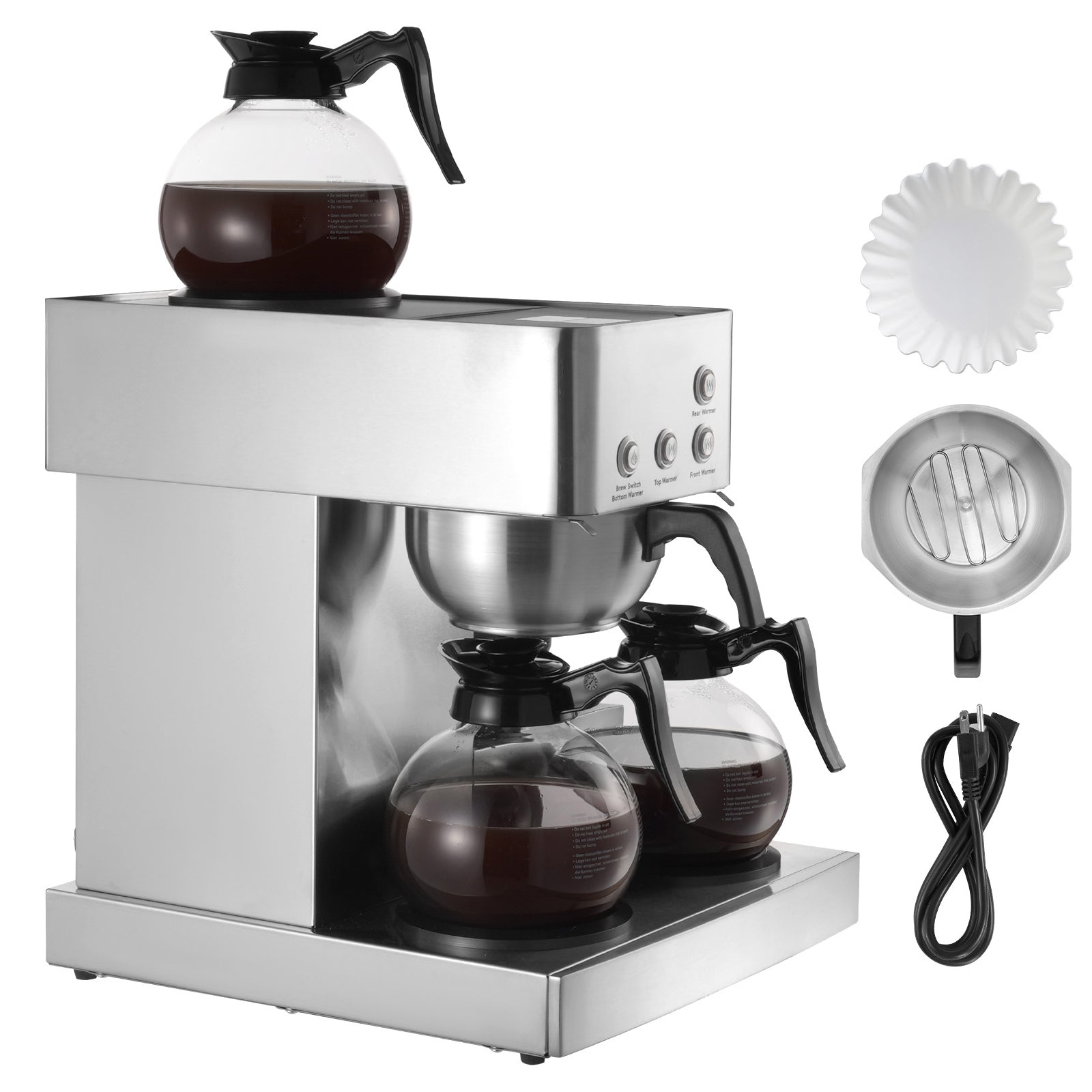 Commercial Drip Coffee Maker, 12 Cups Coffee-Maker Machine with 4 Glass Carafes and 4 Decanter Warmer Plates, Stainless Steel Drip Style Coffee Brewer, for Restaurant, Office, Coffee Shop & Home