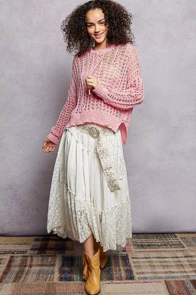 POL Openwork Round Neck High Low Knit Top