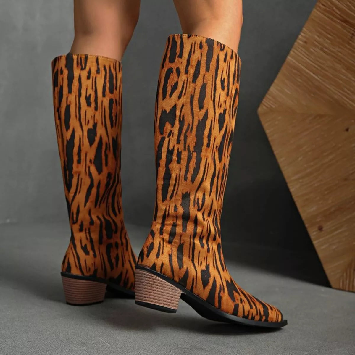 Animal Print Point Toe Block Heels Boots