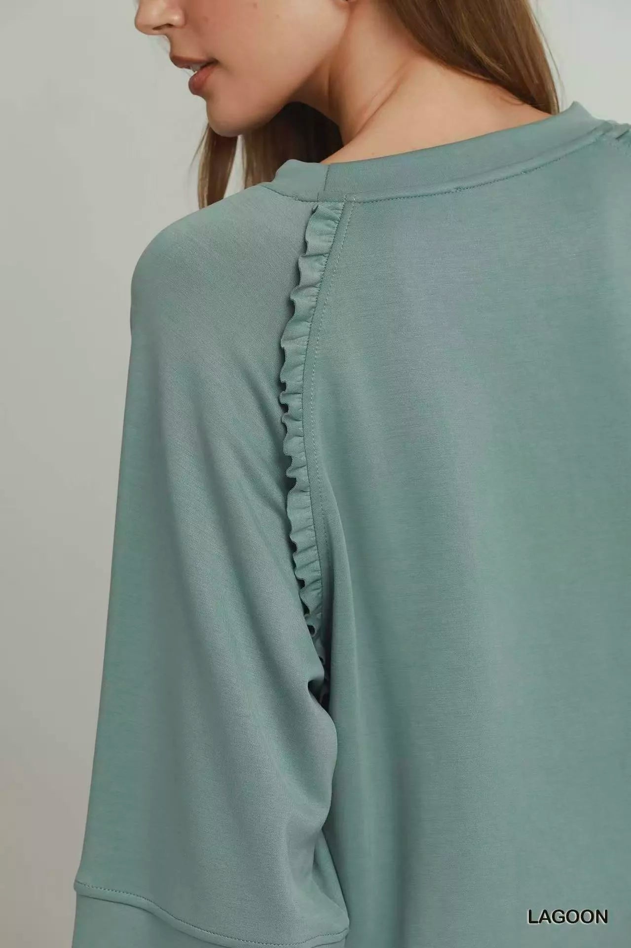 Umgee Ruffle Trim 3/4 Raglan Sleeve Top
