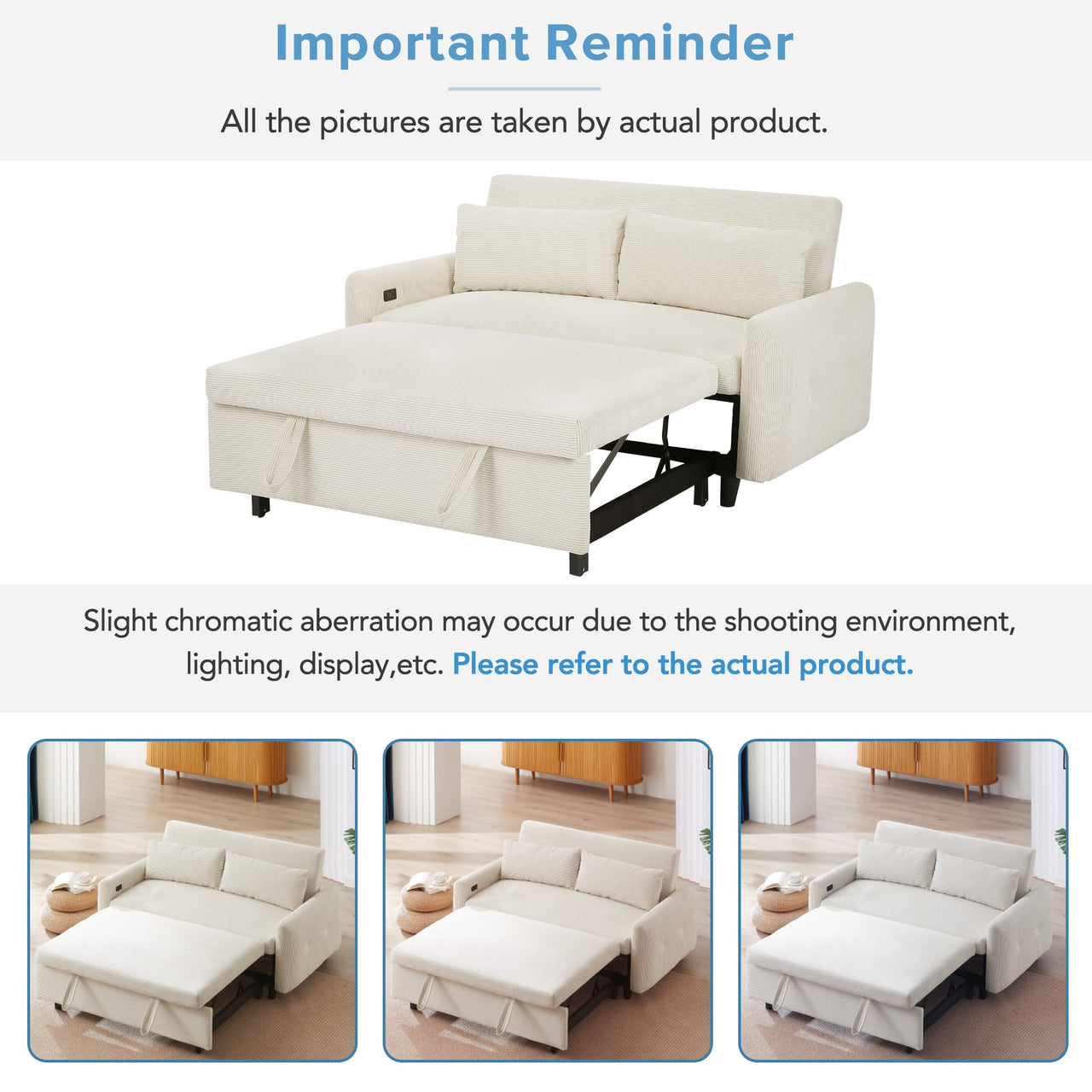 Modern Convertible Pull-out Sofa Bed with USB Ports and Pillows, Beige Corduroy, 57.48 inches