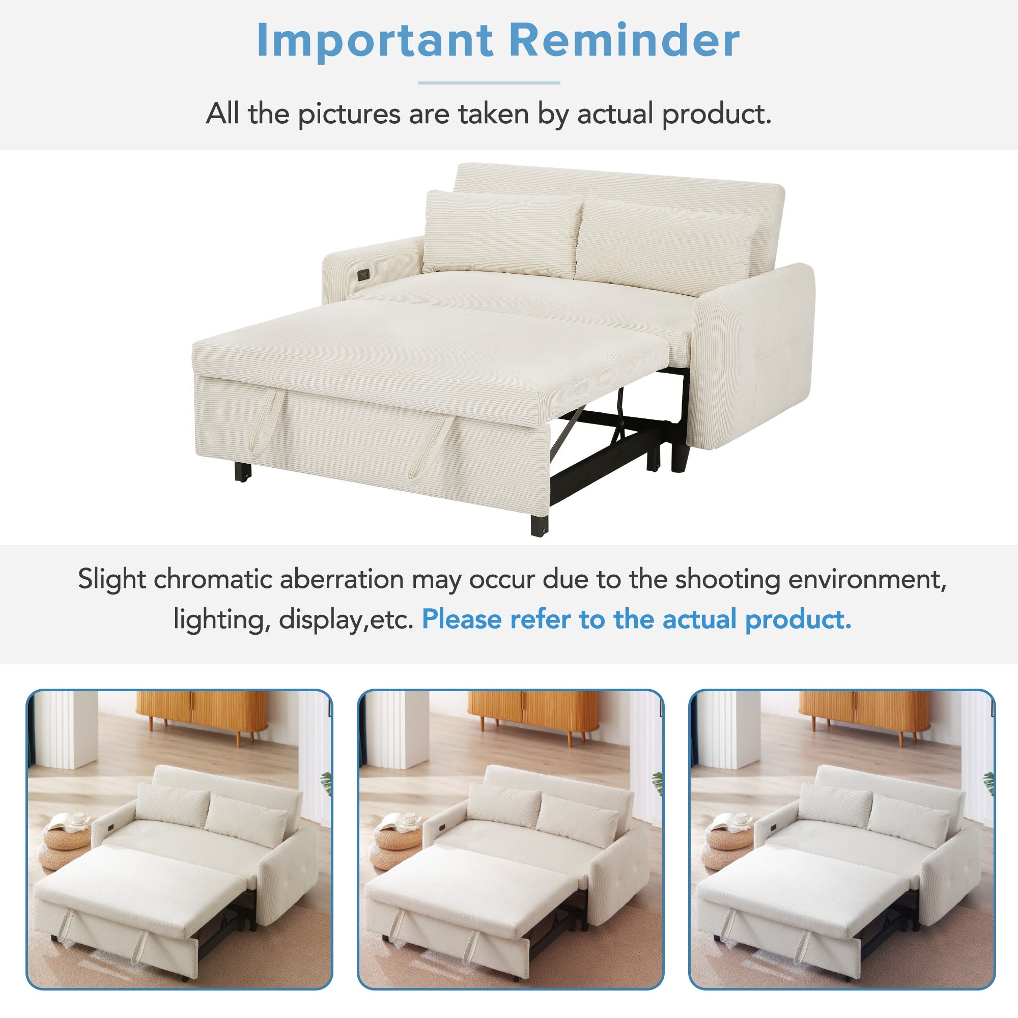 Modern Convertible Pull-out Sofa Bed with USB Ports and Pillows, Beige Corduroy, 57.48 inches