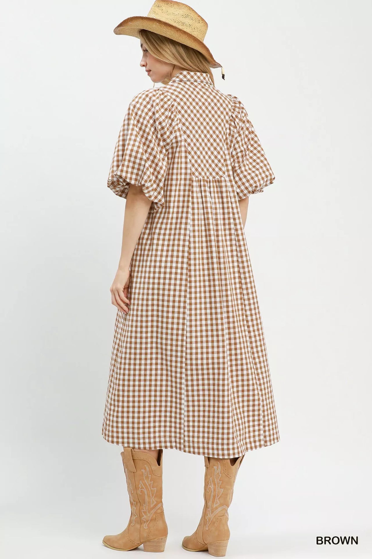 Umgee Puff Sleeve Plaid Midi Dress