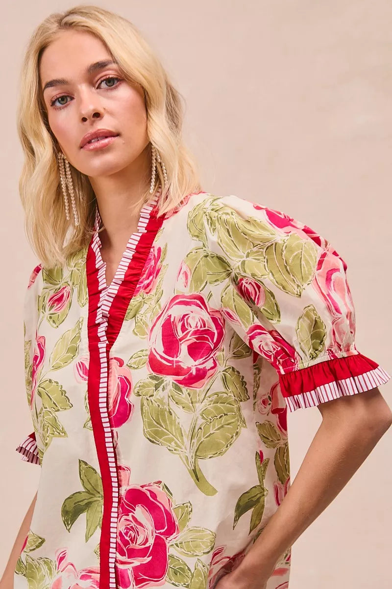 BiBi Floral Printed Woven Contrast Edge Ruffled Blouse